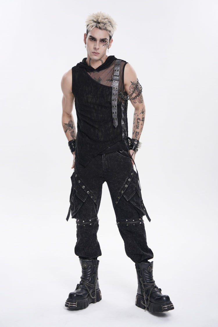 Black Hooded Sheer Asymmetric Chain-Decorated Men's Punk Hooded Vest - Product - 13