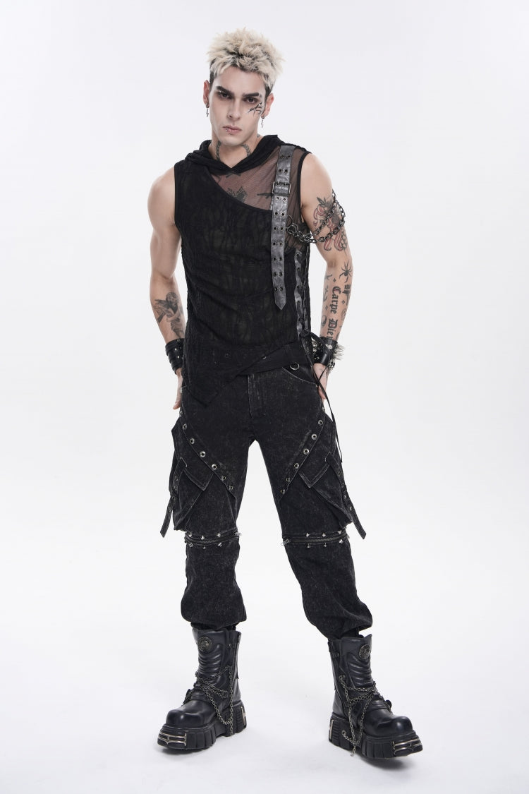 Black Hooded Sheer Asymmetric Chain-Decorated Men's Punk Hooded Vest - Product - 13