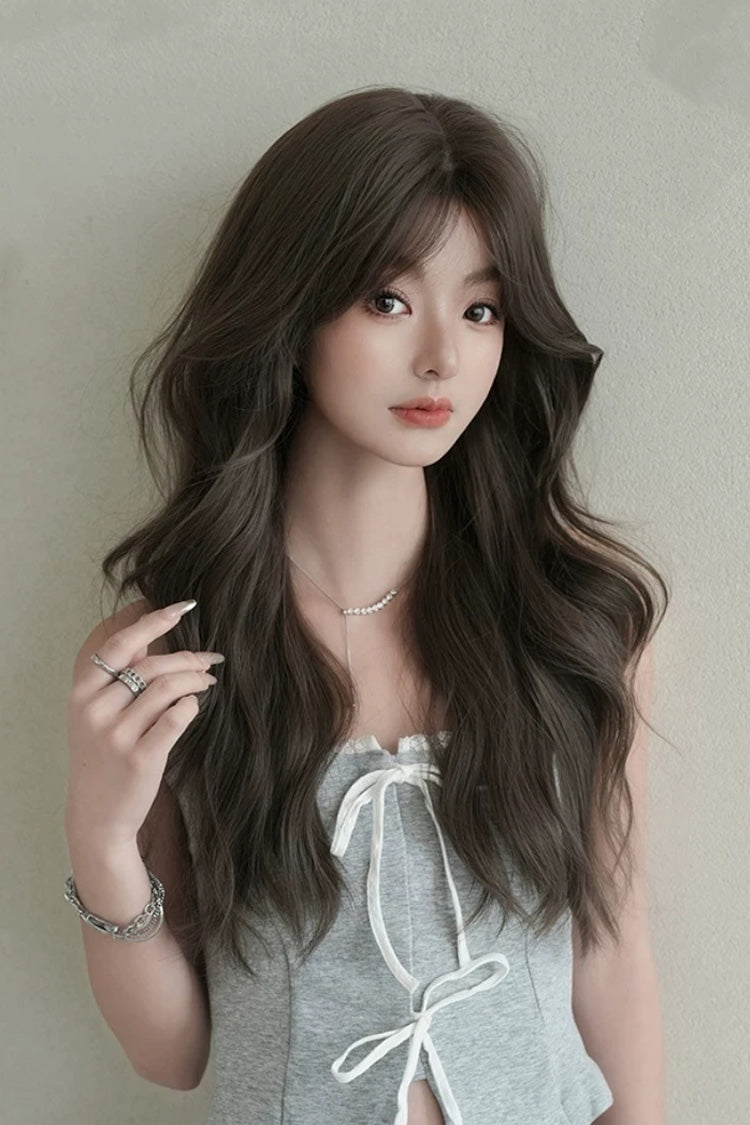 Cool Brown Fluffy Long Loose-Wavy Sweet Lolita Wig with Face-Framing Curtain Bangs - Cool-Brown - 1