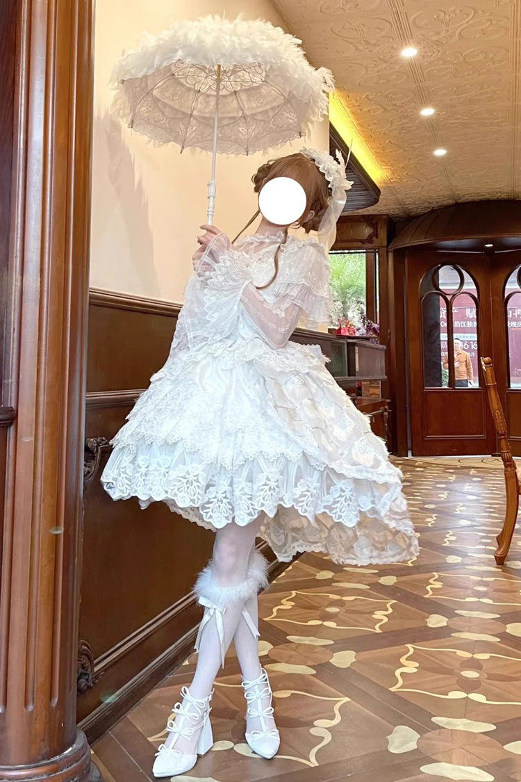 White [Peacock Feather] Multi-Layered Ruffle Hanayome Cardigan Bowknot Lace Sweet Lolita Jsk Dress Set - Product - 7