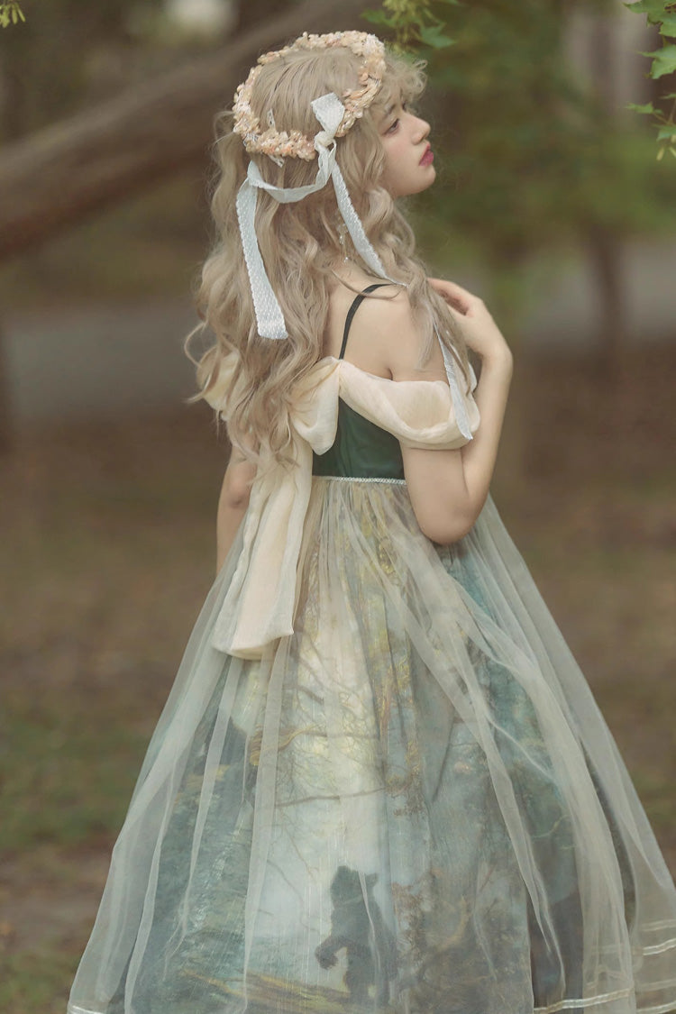 Green V Collar Morning In Pine Forest Print Sweet Lolita Jsk Dress - Product - 6