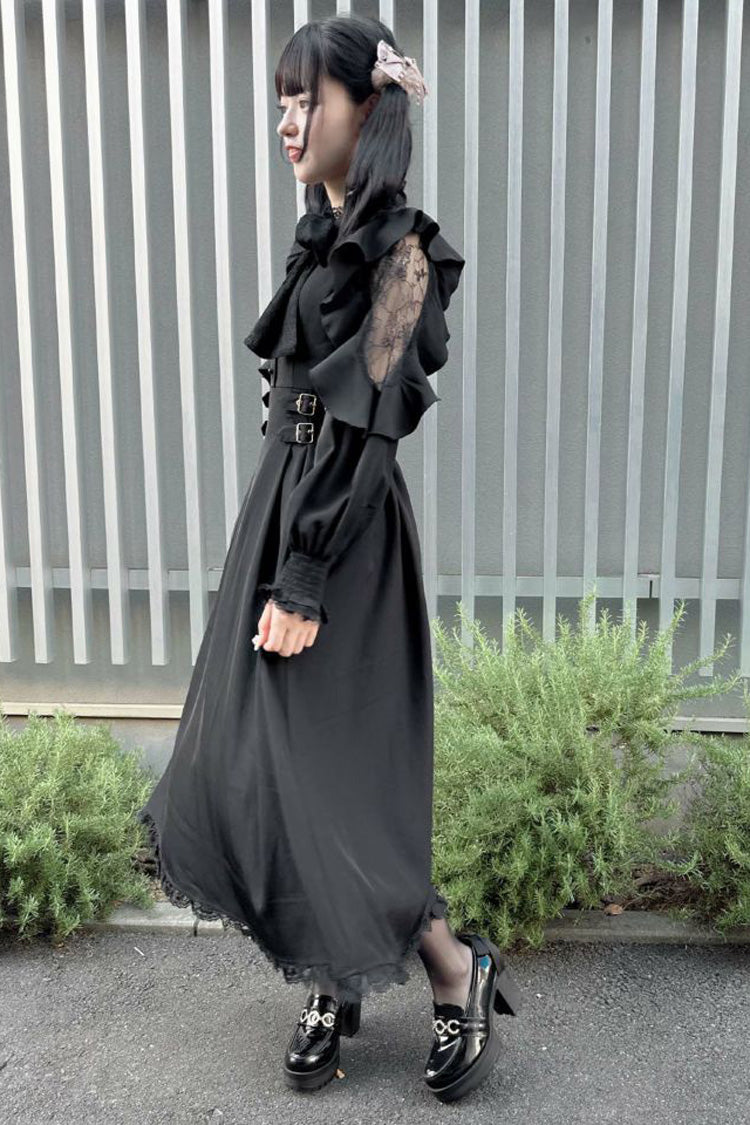 Black Stand Collar Off Shoulder Long Sleeves Hollow Bowknot Slim Jirai Kei Japanese Dress - Product - 6