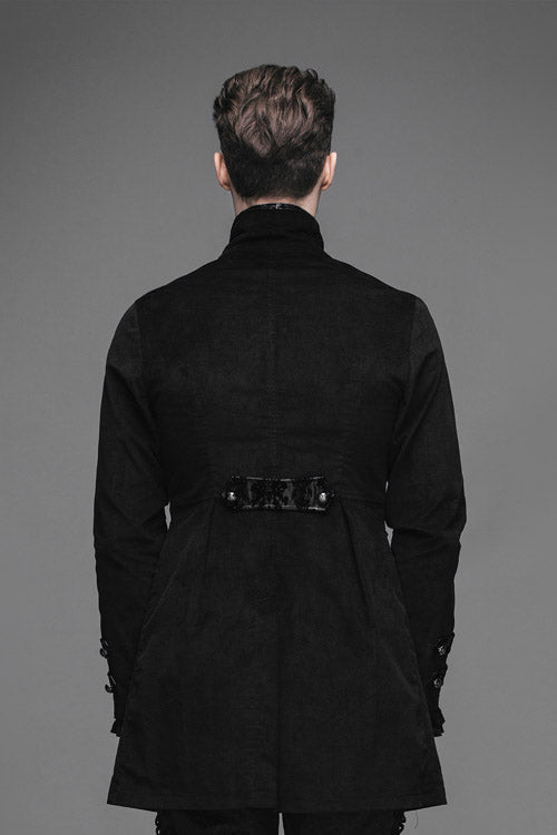 Black Fake Two Pieces Embroidered Turn Down Collar Long Sleeves Velvet Mens Gothic Coat - Product - 6