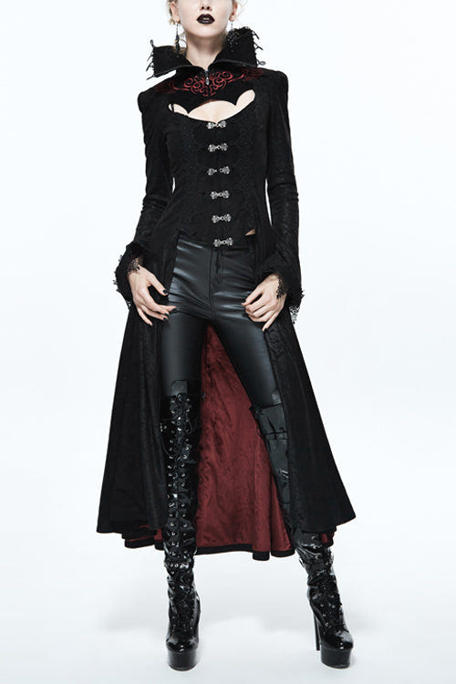 Black And Red Floral High Collar Embroidered Womens Gothic Coat - Black/Red - 1