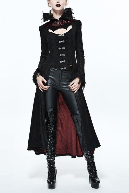 Black And Red Floral High Collar Embroidered Womens Gothic Coat - Black/Red - 1