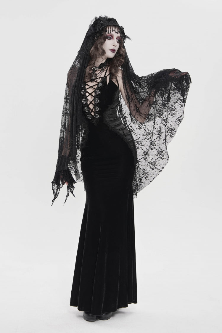 Black Off Shoulder Sleeveless Hanayome Spliced Lace-Up Slim Pleated Women's Gothic Jsk Dress - Product - 4