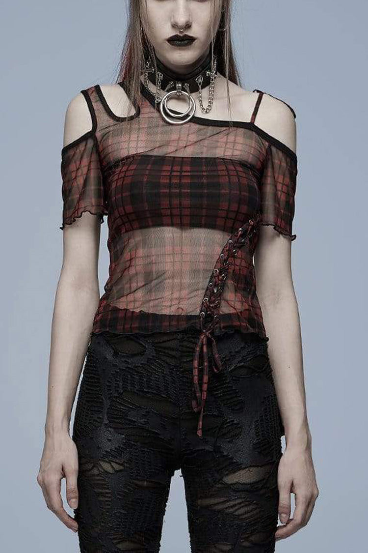 Asymmetrical Cutout Neckline Strap Design Plaid Mesh Women's Punk T-Shirt - Red - 3