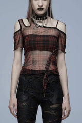 Asymmetrical Cutout Neckline Strap Design Plaid Mesh Women's Punk T-Shirt - Red - 3