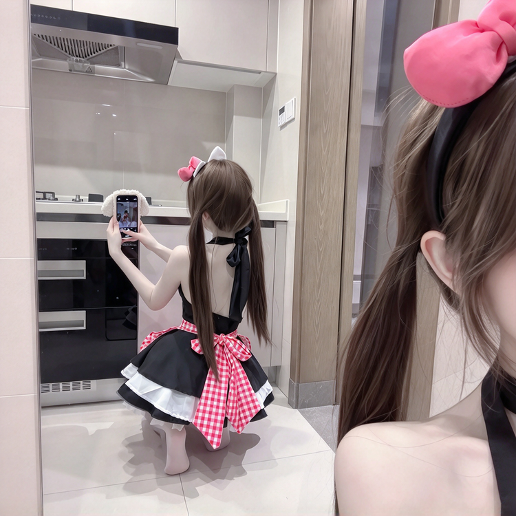 Black and Red Plaid Ruffled Maid Lolita Halter Dress with Apron Accent - view 4