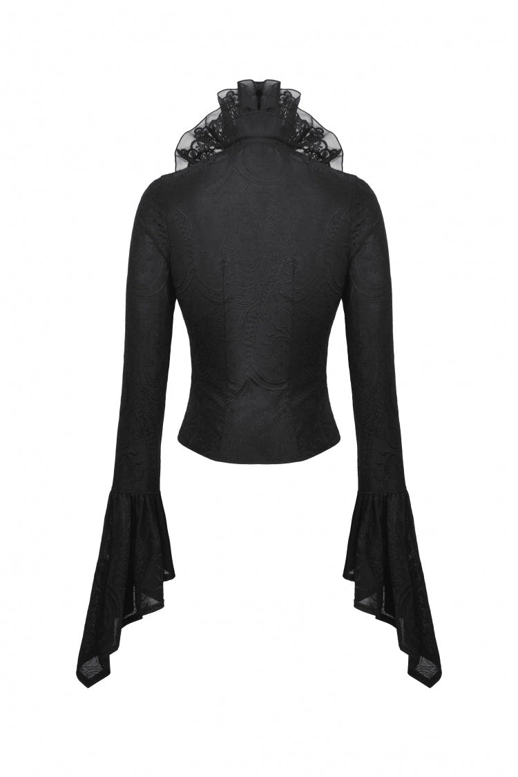 Black Lace Ruffled V Stand Collar Long Flared Sleeves Jacquard Women's Gothic Blouse - Product - 12