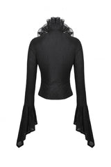 Black Lace Ruffled V Stand Collar Long Flared Sleeves Jacquard Women's Gothic Blouse - Product - 12