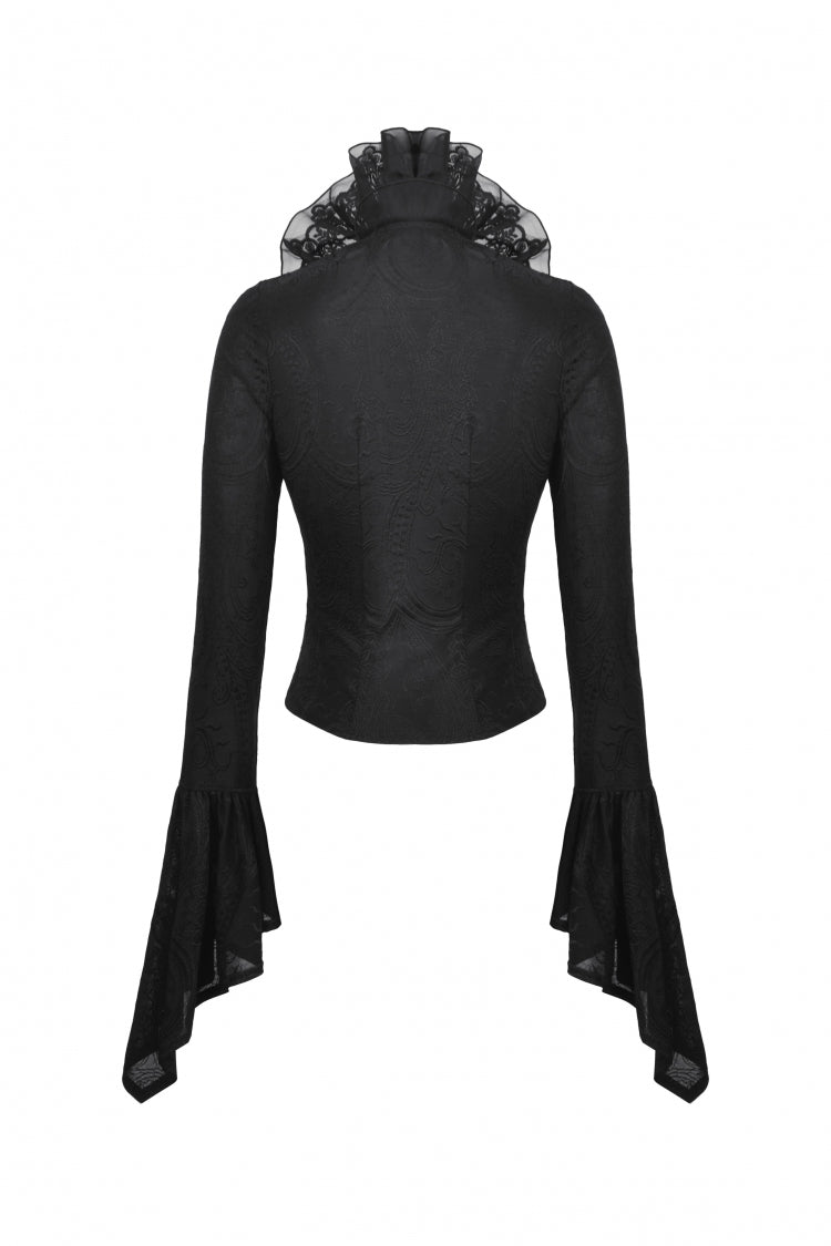 Black Lace Ruffled V Stand Collar Long Flared Sleeves Jacquard Women's Gothic Blouse - Product - 12