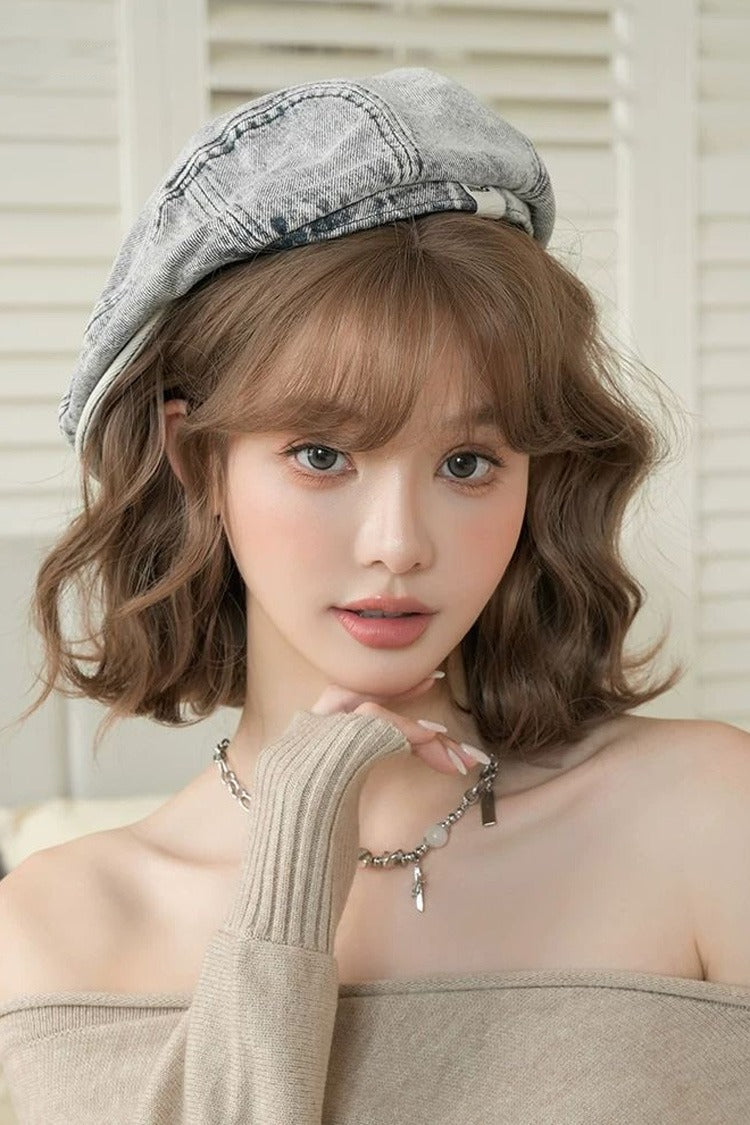 Youthful Short Sweet Lolita Wig Wool Curly Outward Flip Air Bangs 3 Colors - Caramel-Warm-Brown - 1