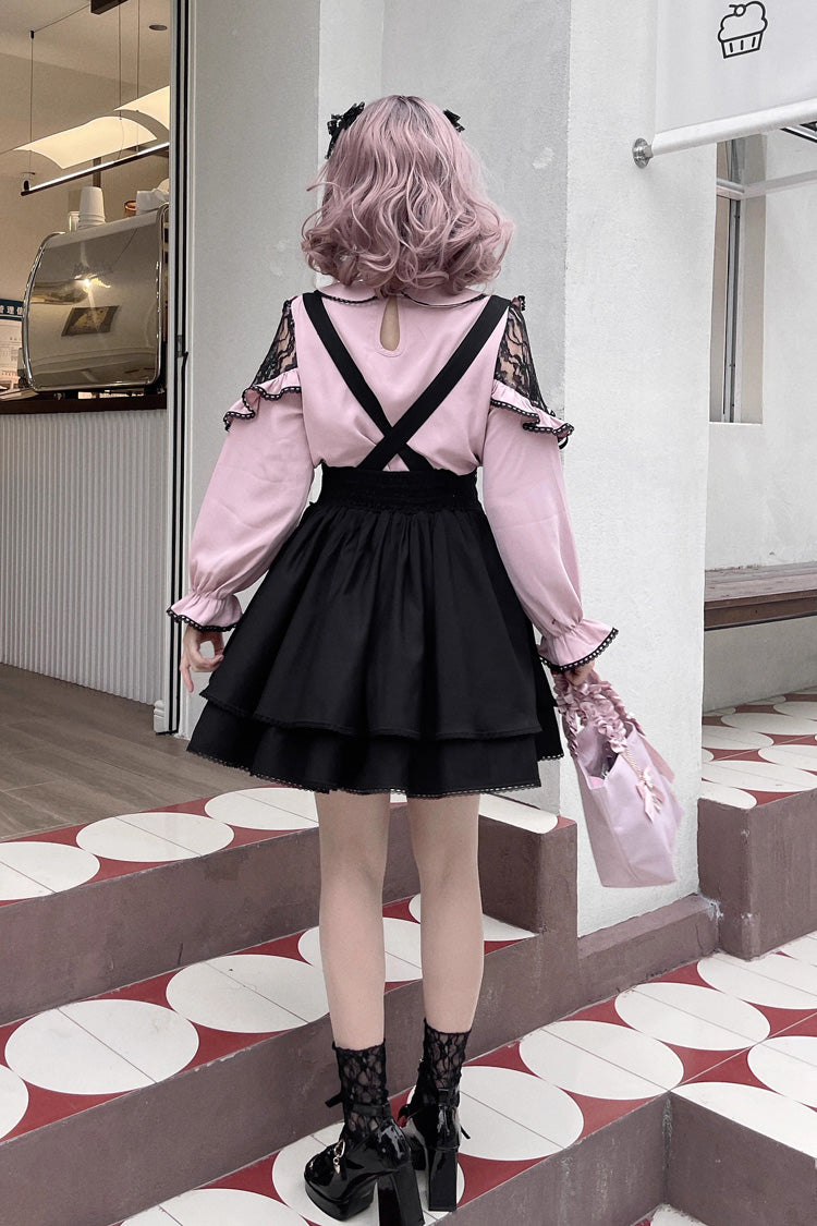 Black Ruffle Bowknot Sweet Jirai Kei Princess Strap Dress - Product - 6