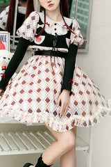 Pink Doll Collar Bubble Long Sleeve Ruffled Plaid Print With Vest Sweet Lolita OP Dress - Pink - 1