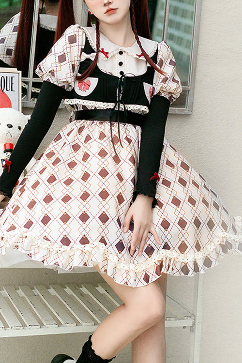Pink Doll Collar Bubble Long Sleeve Ruffled Plaid Print With Vest Sweet Lolita OP Dress - Pink - 1