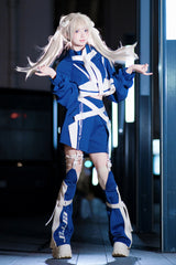 White/Blue [Zero-Type Transformation] Techwear Long Sleeves Embroidered Hooded Punk Jirai Kei Shorts Coat Set - Product - 11