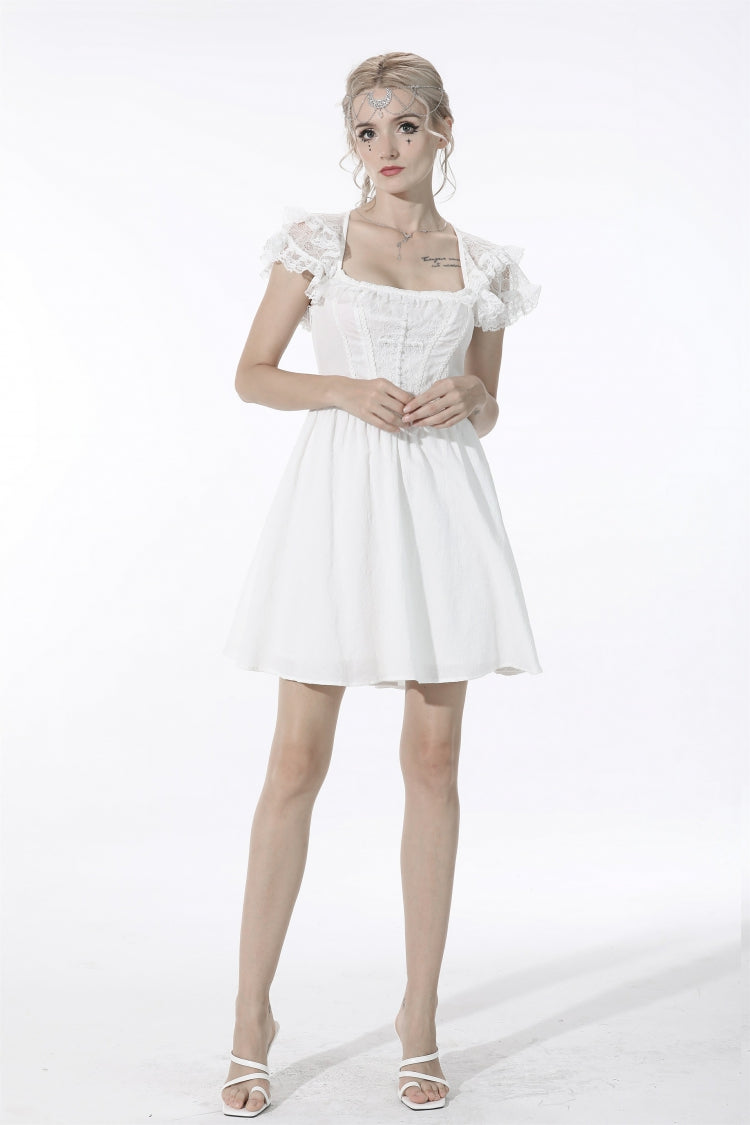 White Layered Lace Square Collar Strappy Women's Gothic Mini Graduation Dress - Product - 7