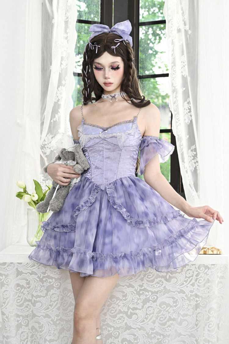 Blue Ruffle Lace Tie-dyed Print Fake Two Pieces Sweet Princess Jsk Dress - Product - 7