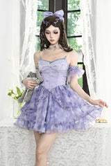 Blue Ruffle Lace Tie-dyed Print Fake Two Pieces Sweet Princess Jsk Dress - Product - 7