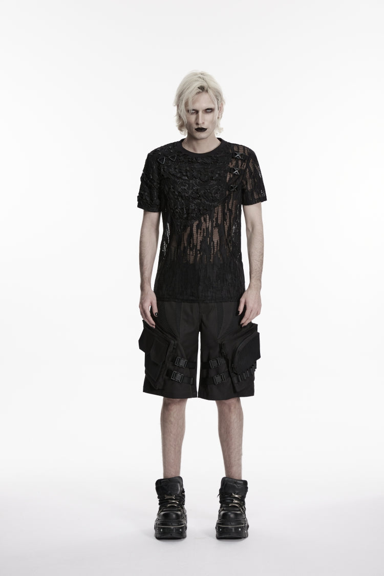 Black Buckled Men's Punk Cool Shorts with Big Pockets - Product - 2