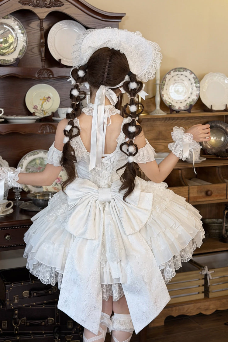 White [Pearl Ballet] Square Collar Sleeveless Multi-Layered Ruffled Bow Lace-Up Pearl-Decorated Sweet Ballet Lolita Jsk Dress - Product - 10