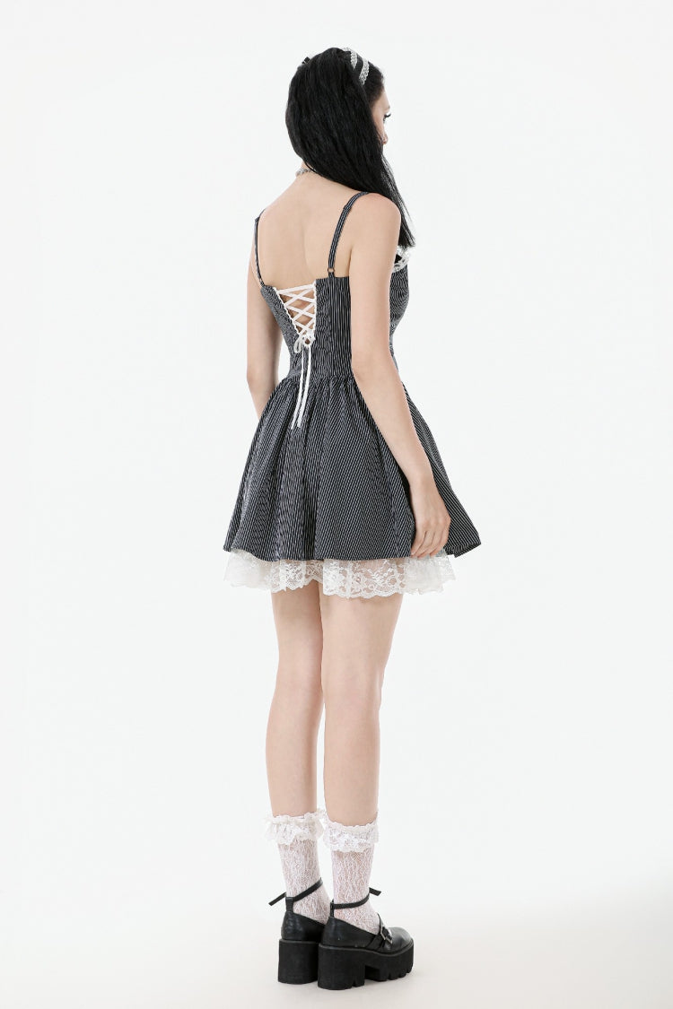 Black/White Pinstriped Sleeveless Lace Lace-Up Women's Gothic Lolita Slip Dress Graduation Dress - Product - 9