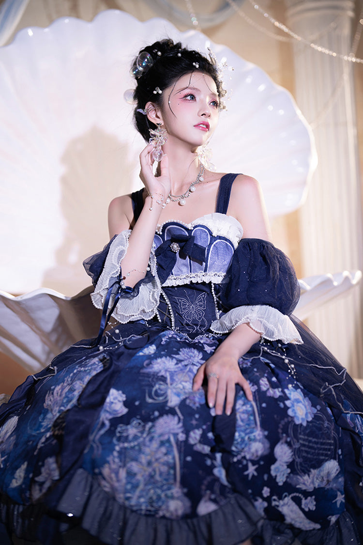 Blue [Deep Sea Jellyfish] Print Ruffle Lace Sweet Elegant Lolita Jsk Dress - Product - 4