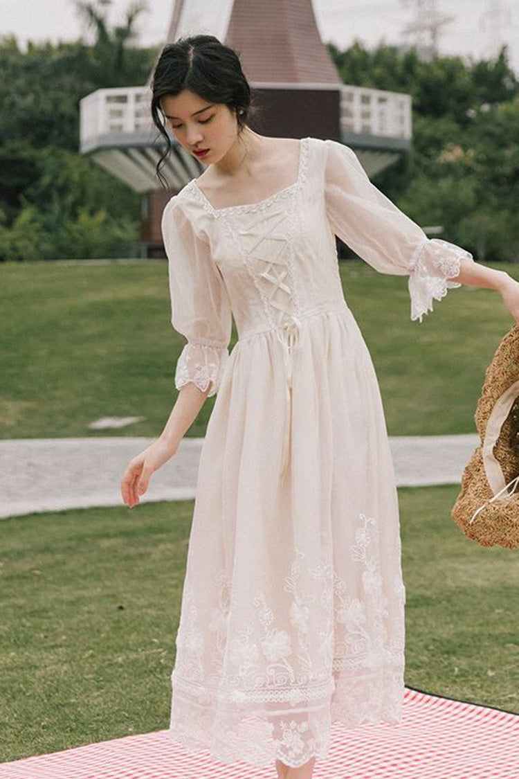 White Lantern Half Sleeves Lace Floral Embroidery Print Sweet (Dress Only) detail view 2