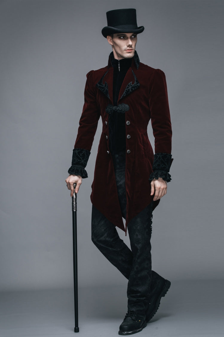 Wine Formal Party Turn Down Collar Long Sleeves Mens Gothic Swallowtail Coat - Product - 13