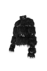 Black Metal Buckle Loop Stand Up Collar Splice Patent Leather Woolen Women's Punk Coat - Product - 8