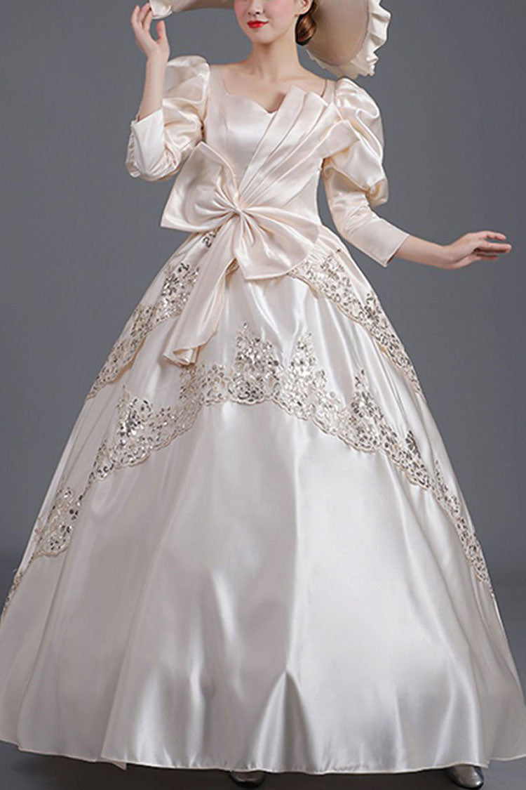 Champagne Half Sleeves Asymmetric Big Bowknot High Waisted Hollow Embroidery Print Victorian Lolita Prom Dress - Champagne - 1