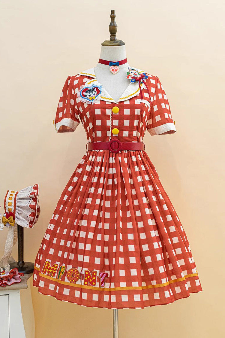 Sweetheart Cat Short Sleeves Print Embroidery Sweet Lolita Dress 3 Colors - Red - 18