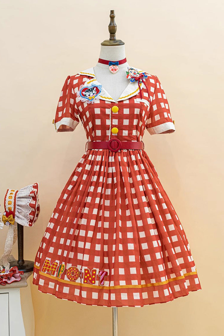 Sweetheart Cat Short Sleeves Print Embroidery Sweet Lolita Dress 3 Colors - Red - 18