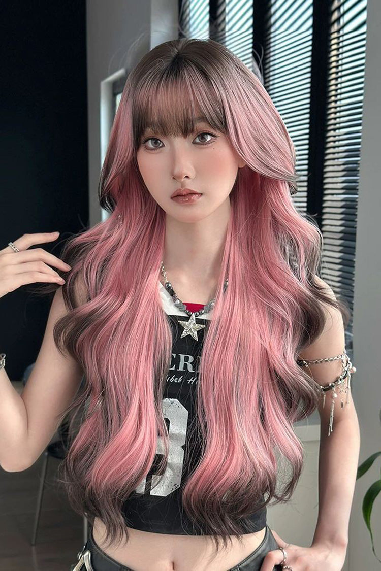 Harajuku Y2K Ombre Long Fluffy Loose-Wavy Sweet Lolita Wig with Full Bangs 2 Colors - Brown/Pink - 1