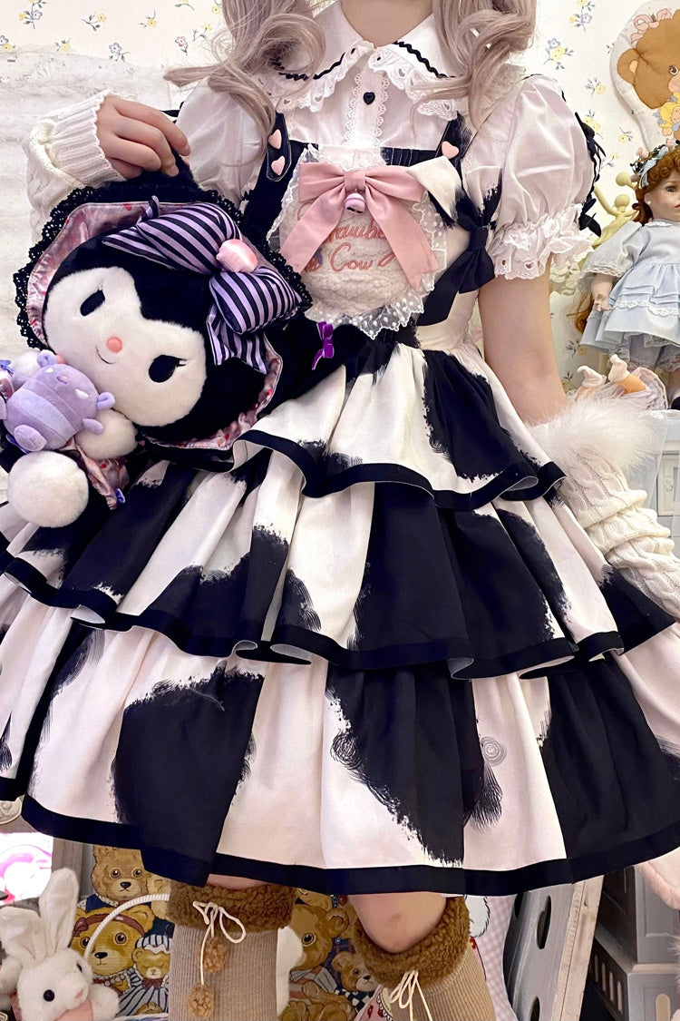 Black Sleeveless Triple-Layered Cow Print Ruffle Bowknot Sweet Lolita Jsk Dress - Product - 8