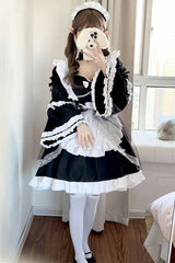 Black/White Maid Long Hime Sleeves Ruffle Bowknot Sweet Plus Size Lolita Dress Full Set - Product - 2