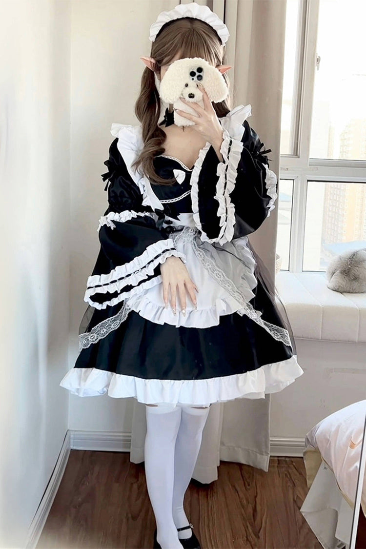 Black/White Maid Long Hime Sleeves Ruffle Bowknot Sweet Plus Size Lolita Dress Full Set - Product - 2