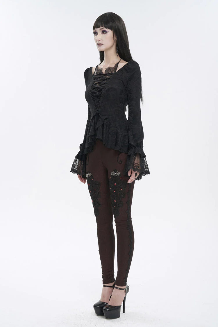 Black Ruffled Lace Splice Women's Gothic Shirt - Product - 5