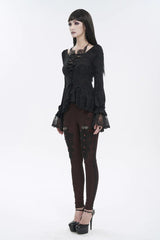 Black Ruffled Lace Splice Women's Gothic Shirt - Product - 5