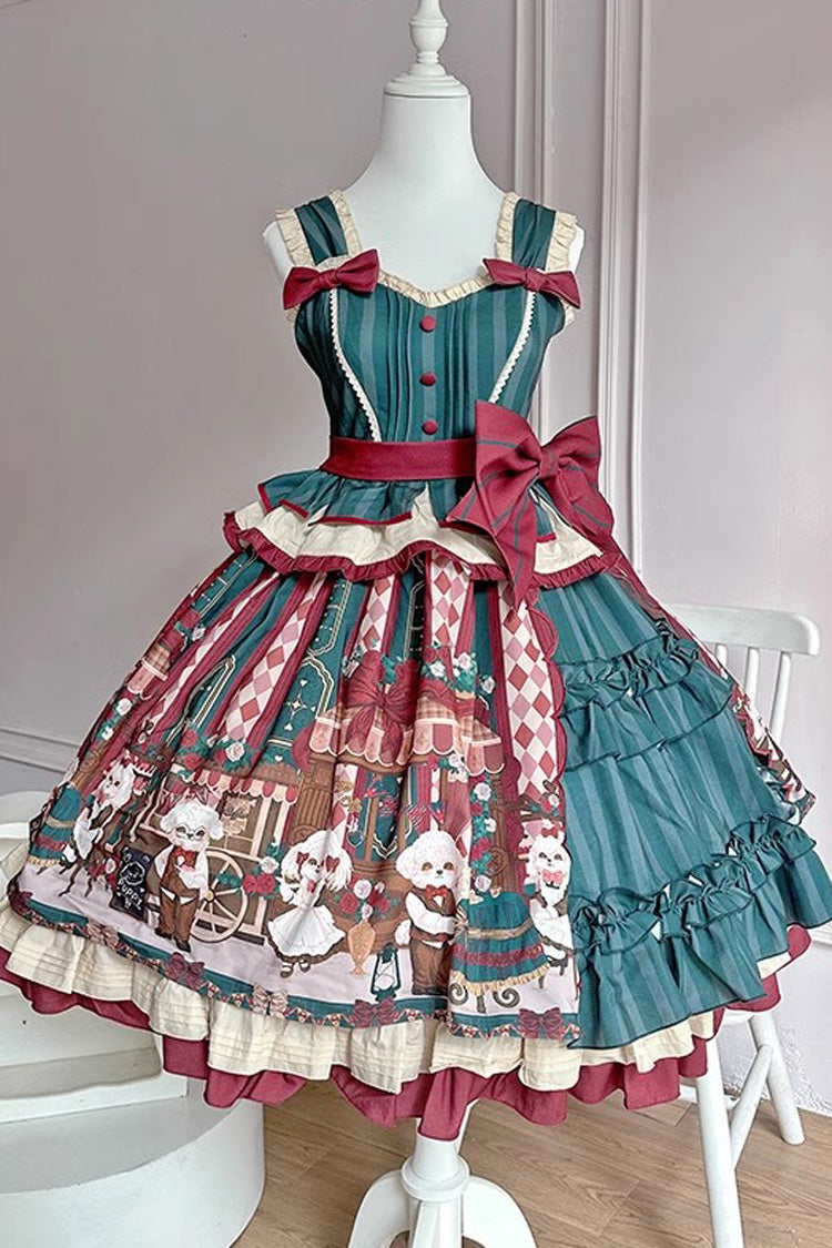 [Puppy Cafe] Print Ruffle Bowknot Sweet Lolita Dress 3 Colors - Green-JSK - 6