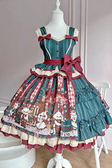 [Puppy Cafe] Print Ruffle Bowknot Sweet Lolita Dress 3 Colors - Green-JSK - 6