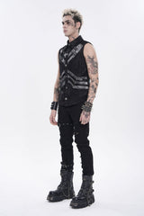Black Lapel Collar Sleeveless Multi-Layered Printed Tie-dyed Buckled Men's Punk Shirt - Product - 3