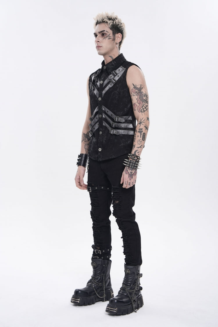 Black Lapel Collar Sleeveless Multi-Layered Printed Tie-dyed Buckled Men's Punk Shirt - Product - 3