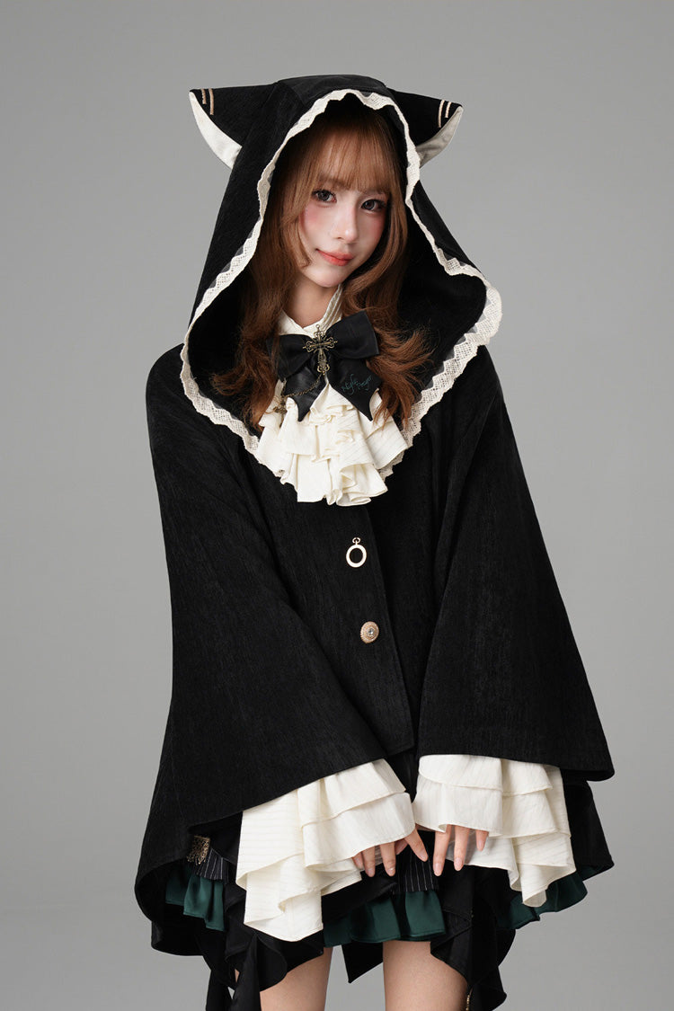 Black [Clock of Reincarnation Cycles] Cat Ears Magic Hooded Sweet Lolita Coat Cloak - Product - 2