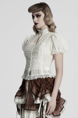 White Stand Collar Long Puff Sleeves Jacquard Lace Women's Gothic Blouse - Product - 2