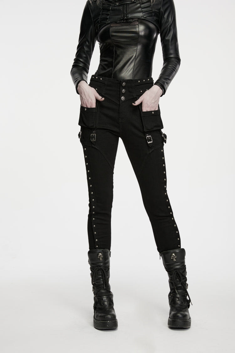 Black Slim Fit Studded Women's Punk Cool Pants with Pockets - Black - 1
