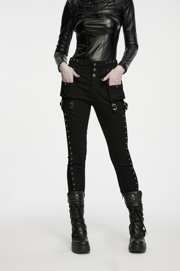 Black Slim Fit Studded Women's Punk Cool Pants with Pockets - Black - 1