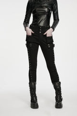 Black Slim Fit Studded Women's Punk Cool Pants with Pockets - Black - 1