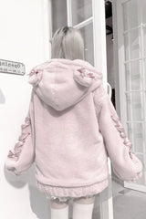[Sleepy Bear Fluffy] Bear Ears Long Sleeves Bow Lace-Up Hooded Zippered Sweet Jirai Kei Japanese Coat - Product - 10